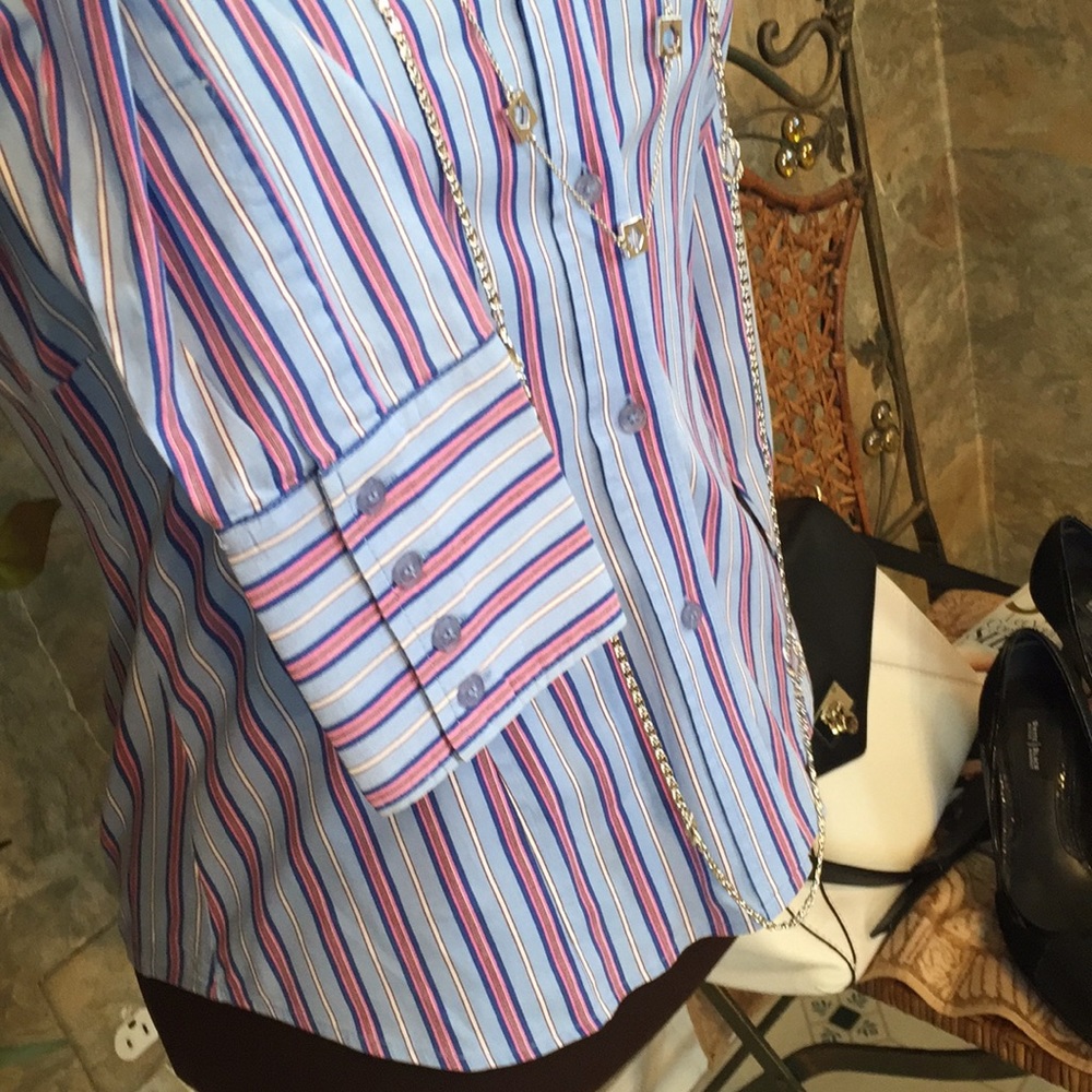 Ninety 🌹Shirt top blouse tunic striped shape flattering 4 button cuff - Picture 5 of 8